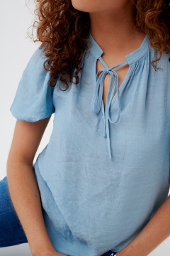 womens blue tie neck puff sleeve top